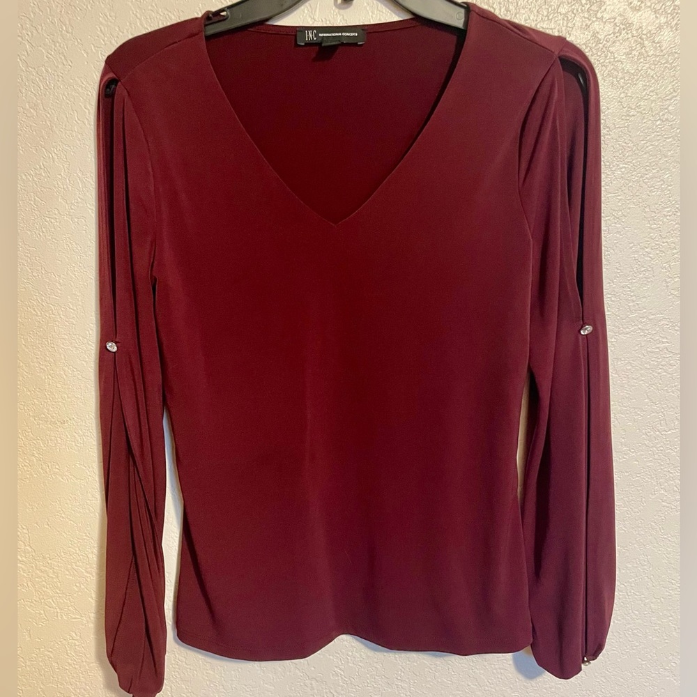 INC International Concepts beautiful burgundy Long sleeve, open arm blouse